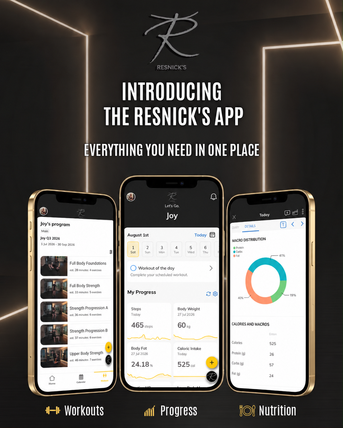 The Resnick’s app: example workouts, a progress dashboard and nutrition tracking